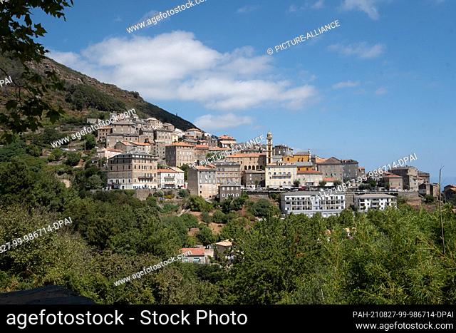 07 August 2021, France, Cervione: The town of Cervione in the mountains on the holiday island of Corsica. Photo: Bernd Weißbrod/dpa