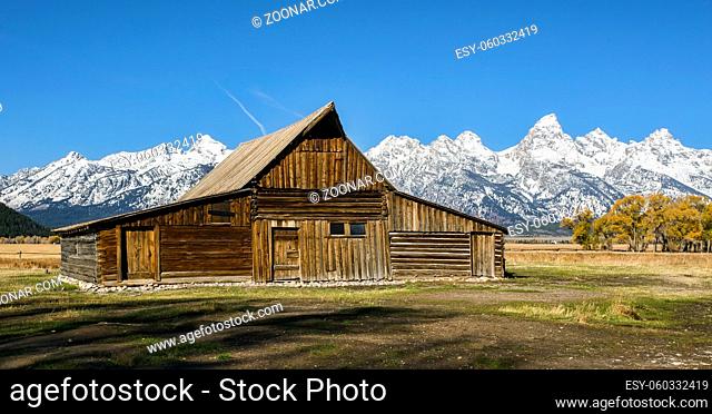 The T.A. Moultan Barn on a blue sky day at Grand Teton National Park in Wyoming