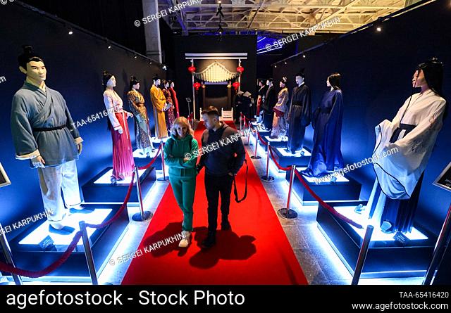 RUSSIA, MOSCOW - DECEMBER 2, 2023: People attend an exhibition titled ""The Terracotta Army: The Immortal Warriors of China"" at Pavilion 22 at the VDNKh...