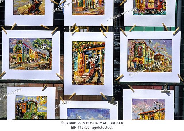 Drawings of Tango dancers for sale in the tourist alley Caminito in the dockland area La Boca, Buenos Aires, Argentina, South America