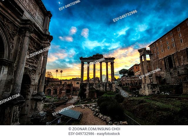 Roman forum taken from the view of the temple of saturn during sunset time