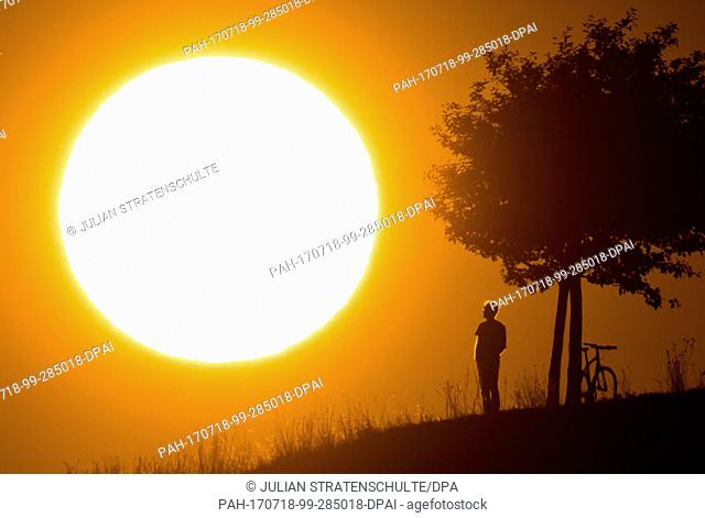 A man standing on a hill under a tree is silhouetted against the evening sun in Hanover, Germany, 17 July 2017. Photo: Julian Stratenschulte/dpa