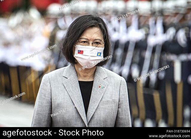 Taiwan President Tsai Ing-wen during ceremony of welcoming Republic of Palau President Surangel Whipps Jr. (not in the picture) at Liberty Square in Taipei