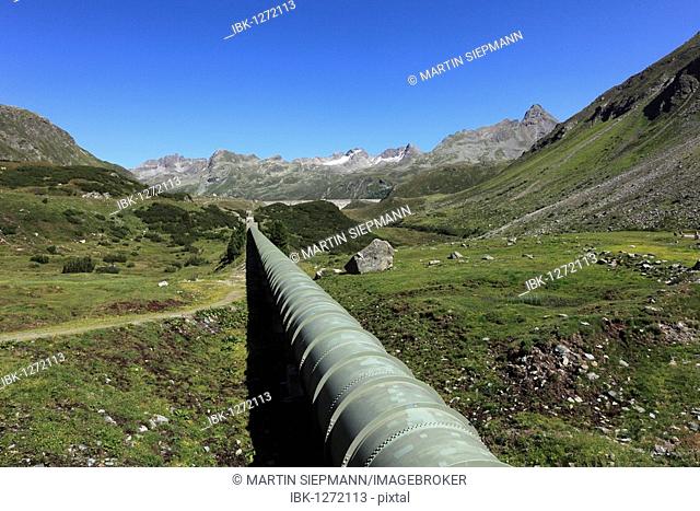 Dam and water pipeline from Lake Silvretta, Bielerhoehe, Grossvermunt, Montafon, Silvretta Group, Vorarlberg, Austria, Europe