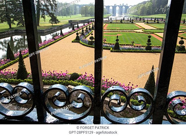 THE BARS OF THE BALCONY AND THE FRENCH-STYLE GARDENS CREATED IN 2013 FOLLOWING THE ORIGINAL PLANS BY ANDRE LE NOTRE COMMISSIONED BY LOUIS XIV FOR FRANCOISE...