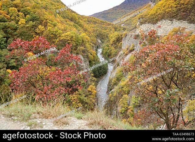 RUSSIA, CHECHEN REPUBLIC - OCTOBER 17, 2023: A view of the Argun Canyon in the Shatoy District. Yelena Afonina/TASS