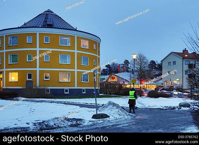 Stockholm, Sweden Round residential apartment houses in the Beckomberga part of the Bromma suburb and built in 1954 by architect Nils Sterner