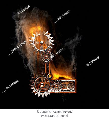 burning figure with gears