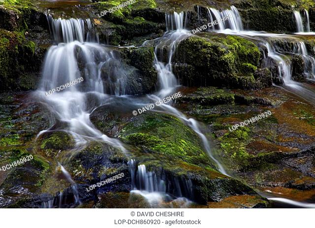 Wales, Powys, Upper Neath Valley, Cascading water of the Nedd Fechan river