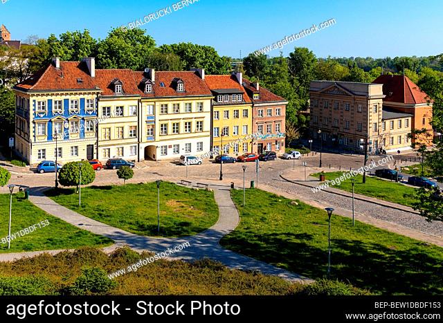 Warsaw, Mazovia / Poland - 2020/05/10: Panoramic view of historic, richly decorated colorful tenement houses at Bugaj, Mostowa and Brzozowa streets of Starowka...