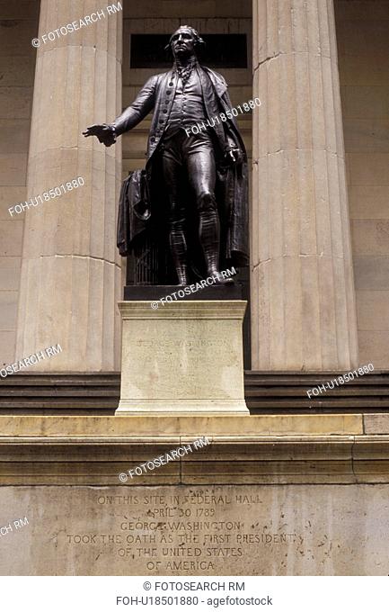 New York City, Wall Street, Federal Hall, Manhattan, New York, NYC, N.Y.C Statue of George Washington at the entrance of Federal Hall National Memorial in Lower...