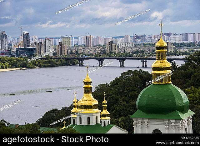 Overlook over Kiew or Kyiv capital of the Ukraine and the Kievo-Pecherska Lavra and the Dnipro river