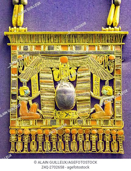 Egypt, Cairo, Egyptian Museum, jewellery found in the royal necropolis of Tanis, burial of Psusennes : Pectoral in the shape of a pylon