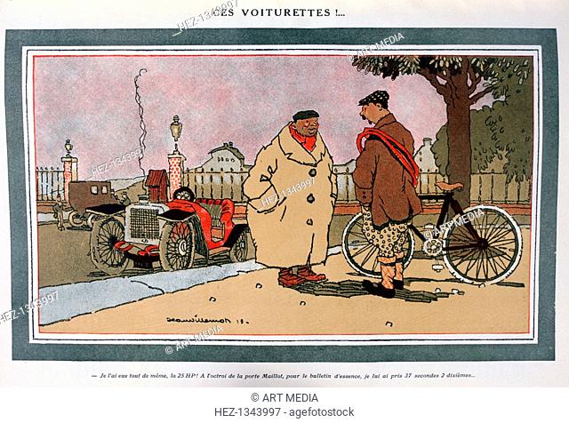 'Ces voiturettes!', French motoring cartoon', 1913. Steam rising from the radiator cap of a car as its driver chats to a cyclist