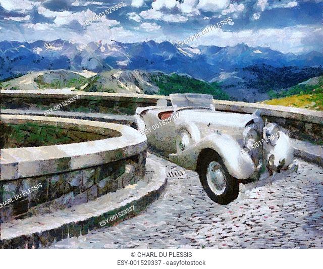 Stock Illustration - Vintage cars oil painting