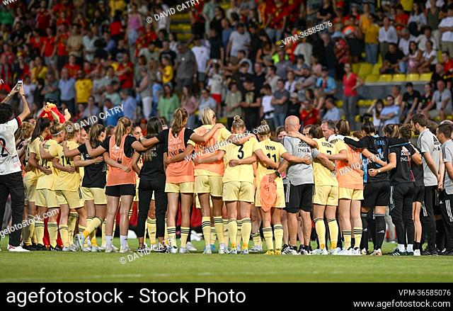 Belgian players getting together ahead after winning the friendly match between Belgium's national women's soccer team the Red Flames and the Women's national...