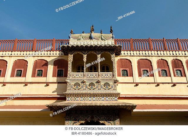 Balcony in the courtyard of the Chandra Mahal City Palace, Jaipur, Rajasthan, India