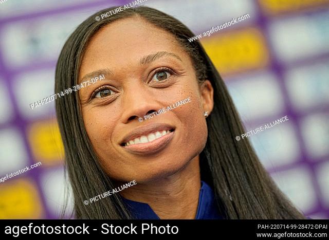 14 July 2022, US, Eugene: Allyson Felix (USA), multiple sprint world champion, speaks at a press conference at Hayward Field stadium where the World Track and...