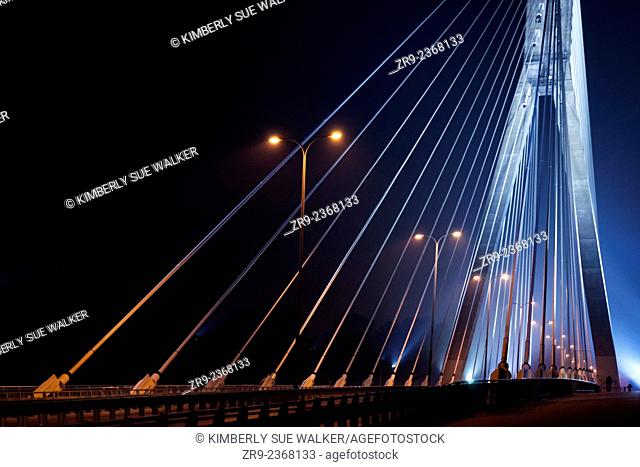 Swietokrzyski bridge illuminated at night, Warsaw, Poland, Central Europe