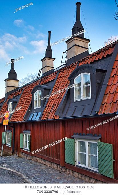 Falun red traditional timber 18th century houses, 23 Stigbergsgatan, Sodermalm, Stockholm, Sweden, Scandinavia. Known as The Stem 38 the properties date from...