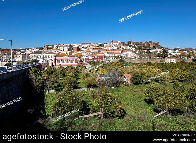 View of Silves with cathedral and castle, Silves, Algarve, Faro district, Portugal