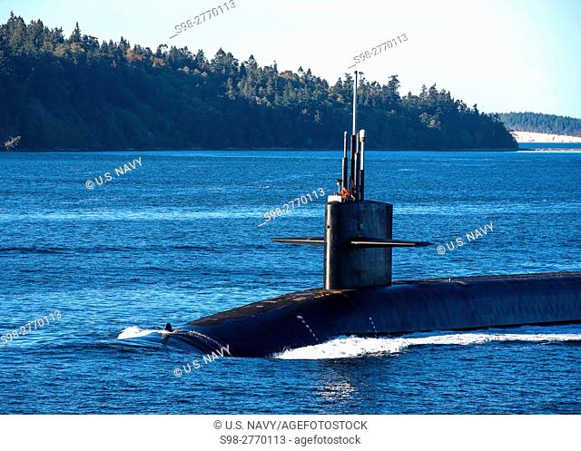 PUGET SOUND, Wash. (Sept. 28, 2016) The Gold Crew of the Ohio-class ballistic-missile submarine USS Kentucky (SSBN 737) transits the Hood Canal as the boat...