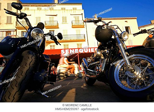 France, Var, Saint Tropez, Harley Davidson in front of Senequier Cafe terrace, Quai Jean Jaures