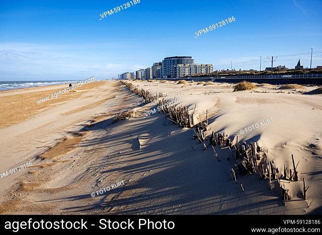 Illustration picture shows dunes research projects at the sea shore, in Oostende, Thursday 02 February 2023. In front of the existing sea wall
