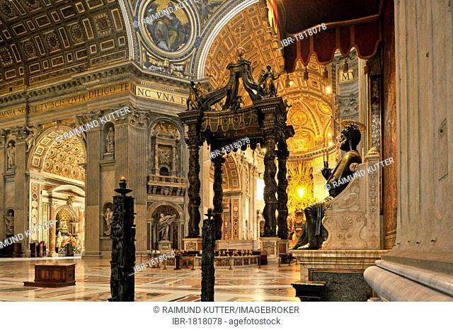 St. Peter's baldachin, Bernini's baldachin above the papal altar and a statue of Saint Peter, attributed to Arnolfo di Cambio, in St