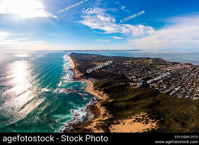 An aerial shot of Mornington Peninsula towards Point Nepean and Port Phillip Bay in Victoria, Australia