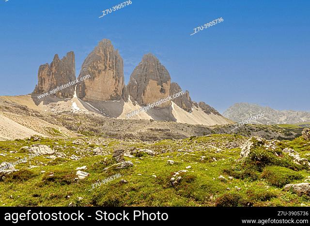 Dolomites in Trentino Three peacks of Lavaredo, big stones Unesco