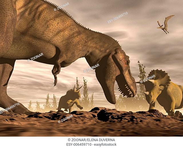 Tyrannosaurus roaring at triceratops - 3D render