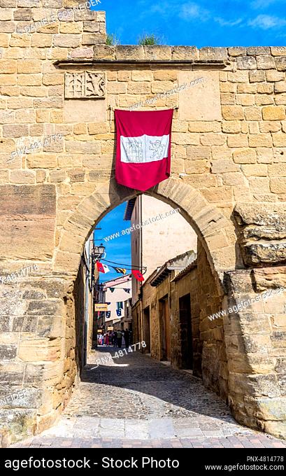 Spain, Rioja, Medieval Days of Briones (festival declared of national tourist interest), pennon on a door of the ramparts