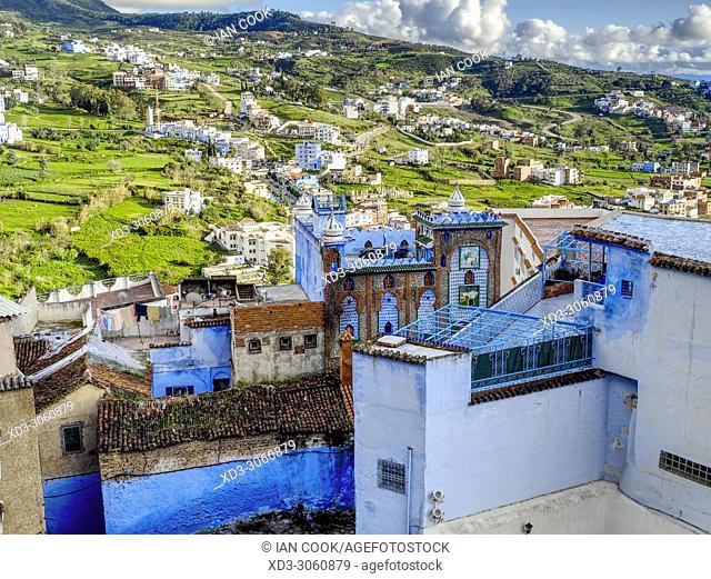 view of city and Rif Mountains, Chefchaouen, Morocco