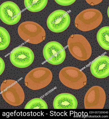 Seamless pattern whole fruit kiwi and piece with seed on black background, Vector illustration