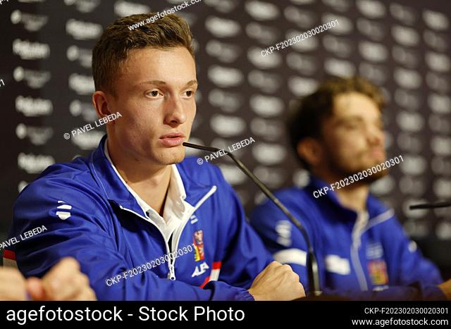 Jiri Lehecka of Czech Republic speaks during the press conference prior to the Davis Cup tennis tournament qualification against Portugal in Porto, Portugal