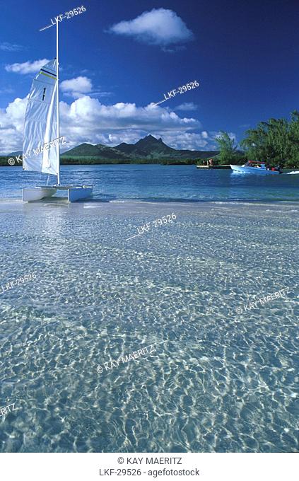 Catamaran in a lagoon, Ile aux Cerf, Mauritius, Indian ocean, Africa