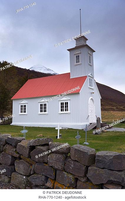 Laufas historic farmstead, the present church built in 1865, north of Akureyri, Iceland, Polar Regions