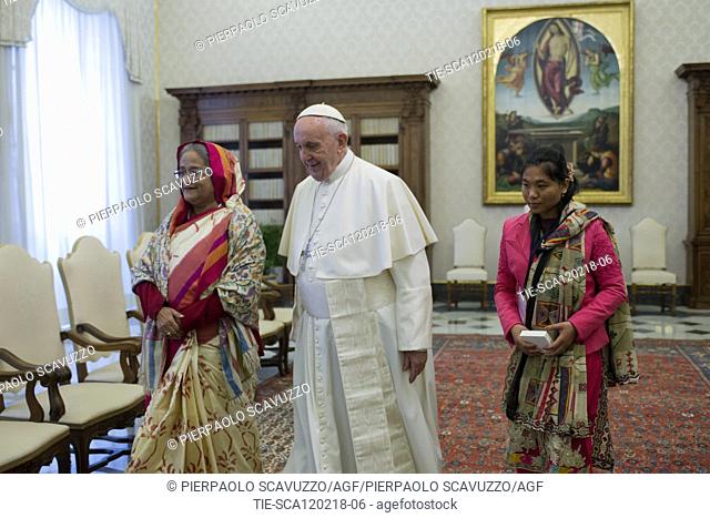 Premier of Bangladesh Sheikh Hasina, Pope Francis, Nidra Marak collaborator of Premier, Vatican City, ITALY-12-02-2018  Journalistic use only