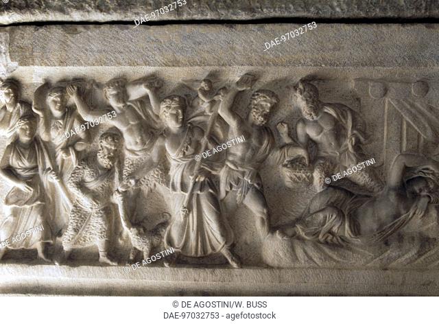 Dionysian procession, detail of a marble sarcophagus with relief depicting the life of Ariadne at Naxos, from Alexandria, Egypt. Roman, 2nd century AD