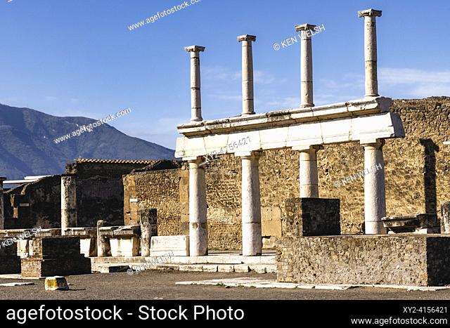 Pompeii Archaeological Site, Campania, Italy. The Forum. Pompeii, Herculaneum, and Torre Annunziata are collectively designated a UNESCO World Heritage site