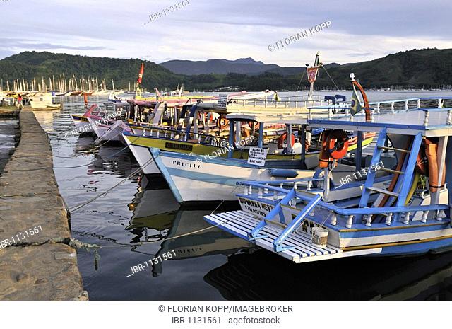 Fishing boats at pier, Paraty, Parati, Rio de Janeiro, Brazil, South America