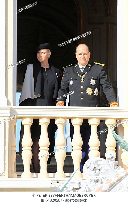 Princess Charlene and Prince Albert II. of Monaco at the Prince's Palace on Fête du Prince national holiday, Principality of Monaco