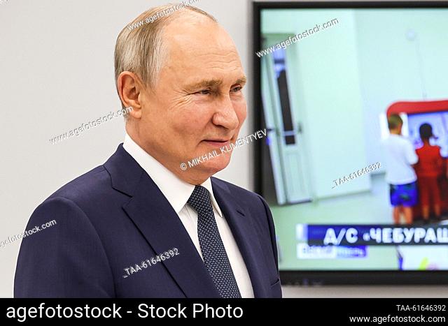 RUSSIA, TVER REGION - SEPTEMBER 1, 2023: Russia's President Vladimir Putin is seen during a tour of new buildings of a kindergarten and a secondary...