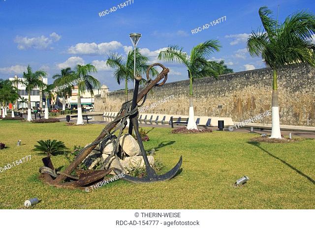 Anchor and od town wall Campeche province of Campeche Yucatan peninsula Mexico