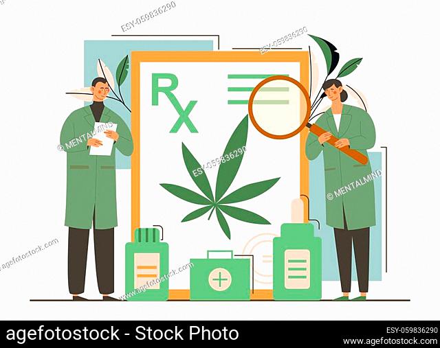Male and female doctors showing prescription for medical marijuana, bottle with cbd oil. Concept of medical marijuana, medical cannabis