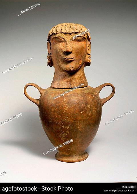Terracotta canopic urn. Period: Archaic; Date: 6th century B.C; Culture: Etruscan, Chiusi or environs; Medium: Terracotta; Dimensions: H