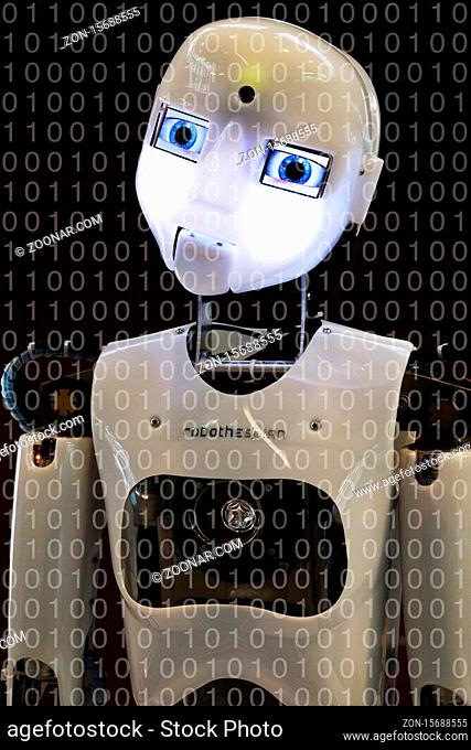 Fotomontage, der humanoide Roboter RoboThespian mit den Zahlen Null und Eins, Dortmund, Deutschland, Europa