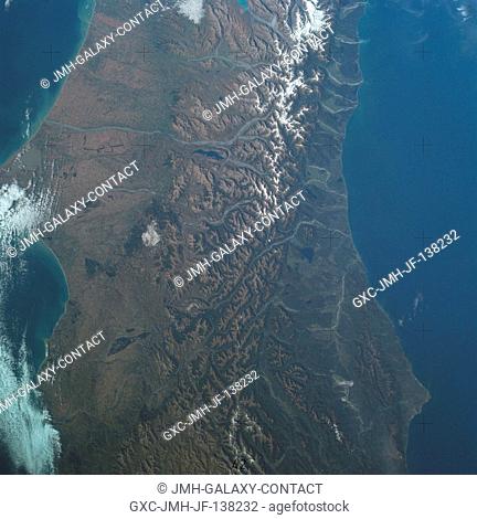 A near vertical view of a portion of South Island, New Zealand, as see from the Skylab space station in Earth orbit. This picture was taken by one of the Skylab...