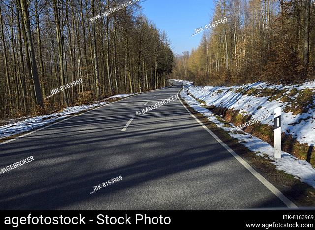 Country Road through Forest in Winter, Hesselbach, Odenwald, Hesse, Germany, Europe